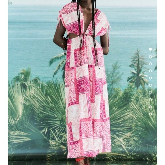 Zara Patchwork Print Dress Pink Cut Out Maxi Size Small - Picture 10 of 14
